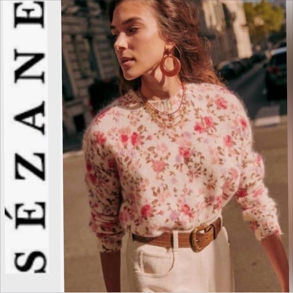 NWT SEZANE Amaya Wool Floral Jumper ecru multi S mohair